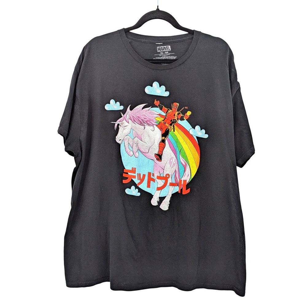 Deadpool‎ Unicorn Rainbow Graphic Tee Black Cotton XL Streetwear Marvel